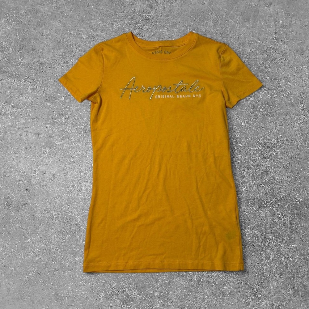Aeropostale Classic Crew T-Shirt Yellow Silver Script Logo XS